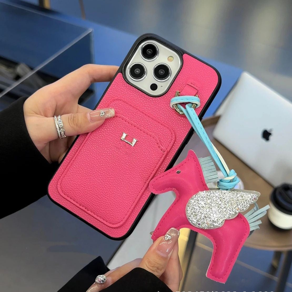 2025Nueva llegada  Funda de cuero con colgante para iPhone con tarjetero H