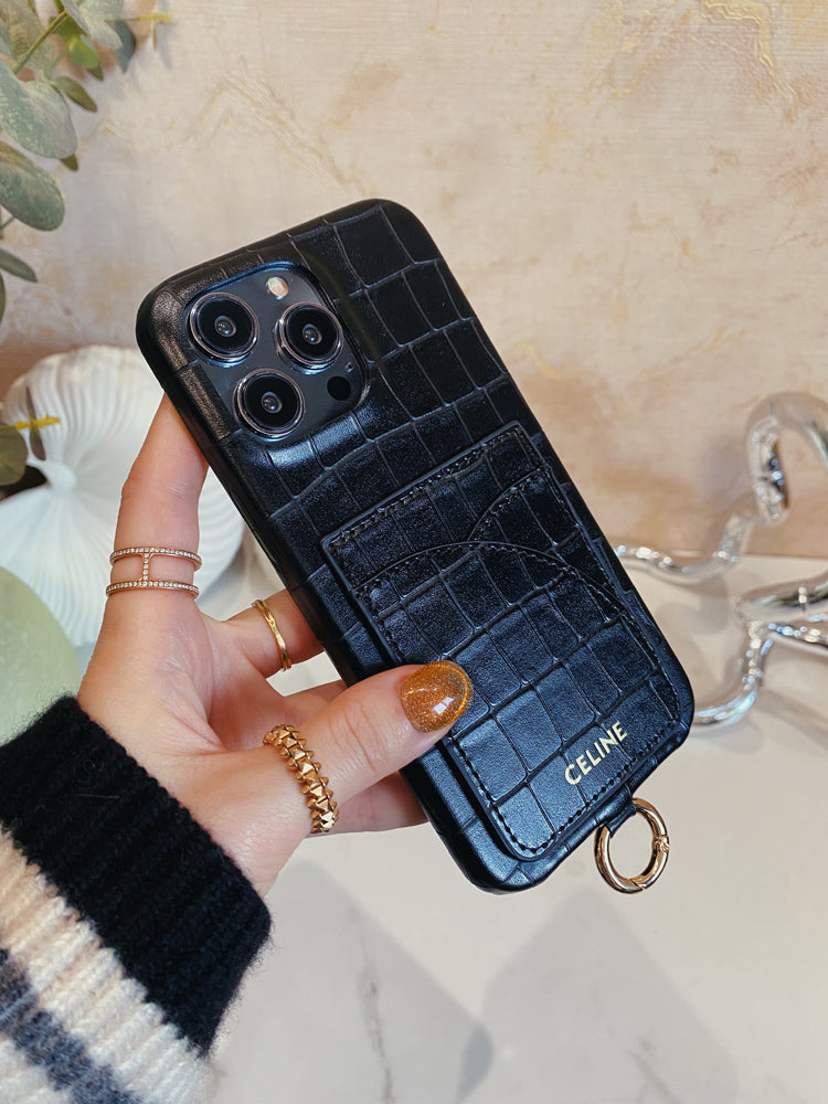 Alligator Print Celine iPhone-fodral med korthållare och rem Blcak -EYP241415