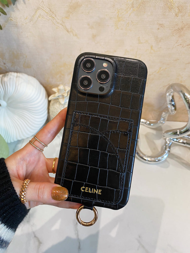 Alligator Print Celine iPhone-fodral med korthållare och rem Blcak -EYP241415