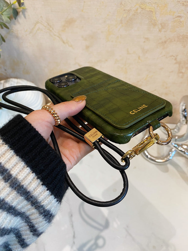 アリゲーター プリント セリーヌ iPhone ケース カード ホルダーとストラップ付き グリーン -EYP241415