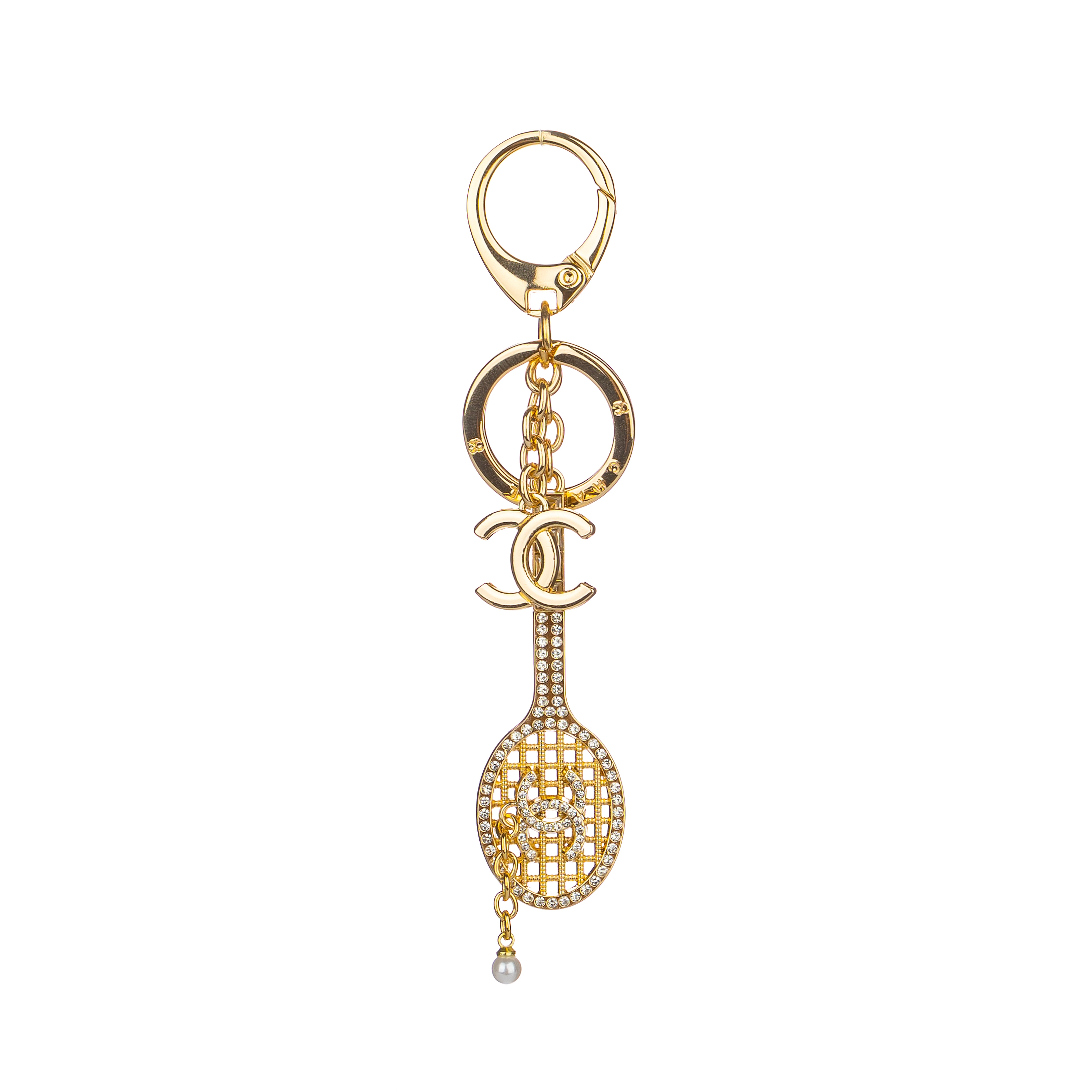 Luxury Crystal Tennis Racket Bag Charm – Elegant Gold Keychain Pendant for Handbags
