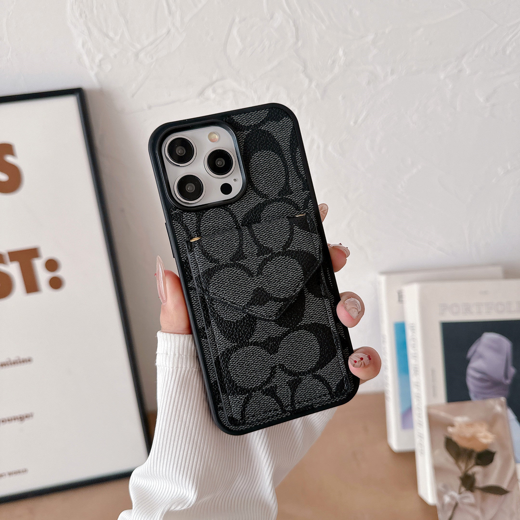 Coach iPhone-hoesje met kaarthouder en riem Lichtzwart -SJ240513