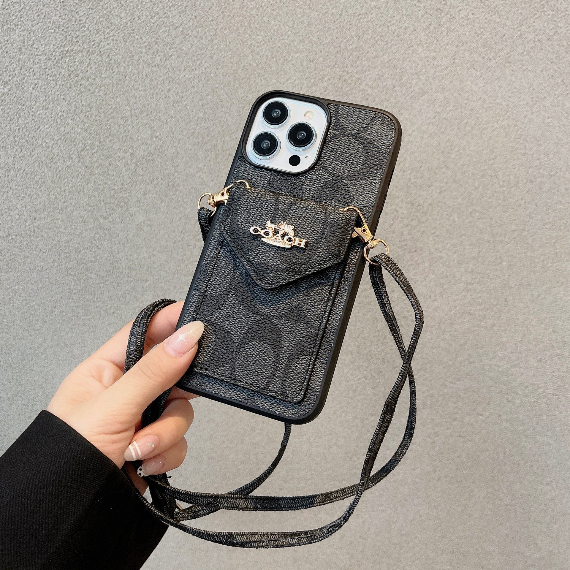 Coach iPhone-hoesje met kaarthouder en riem Lichtzwart -SJ240513