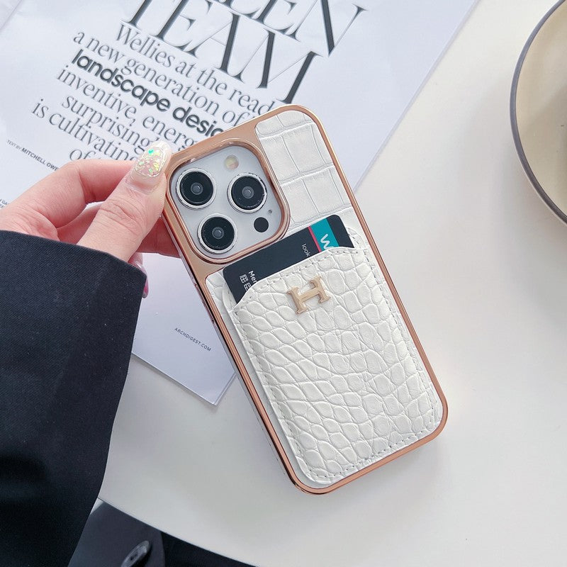 Funda de iPhone de cuero dorado rosa H