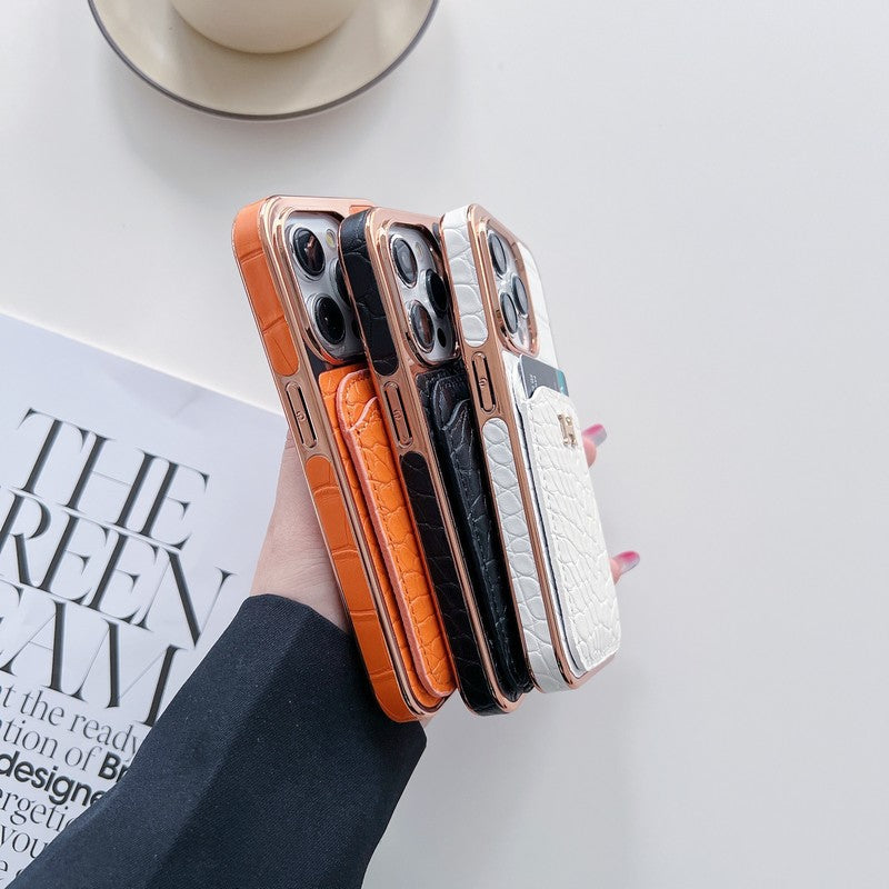 Funda de iPhone de cuero dorado rosa H