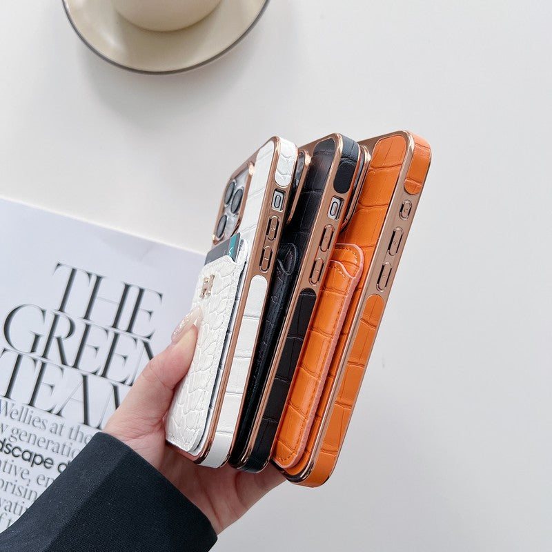 Funda de iPhone de cuero dorado rosa H