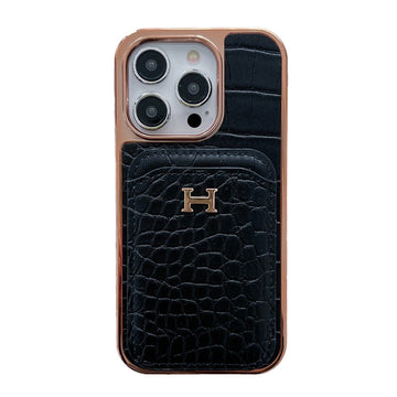 Funda de iPhone de cuero dorado rosa H
