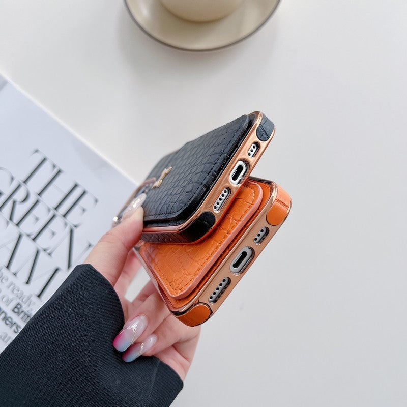 Funda de iPhone de cuero dorado rosa H