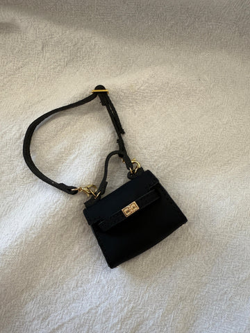 Labubu Miniature Luxury Handbag - Black Leather Tote with Gold Lock