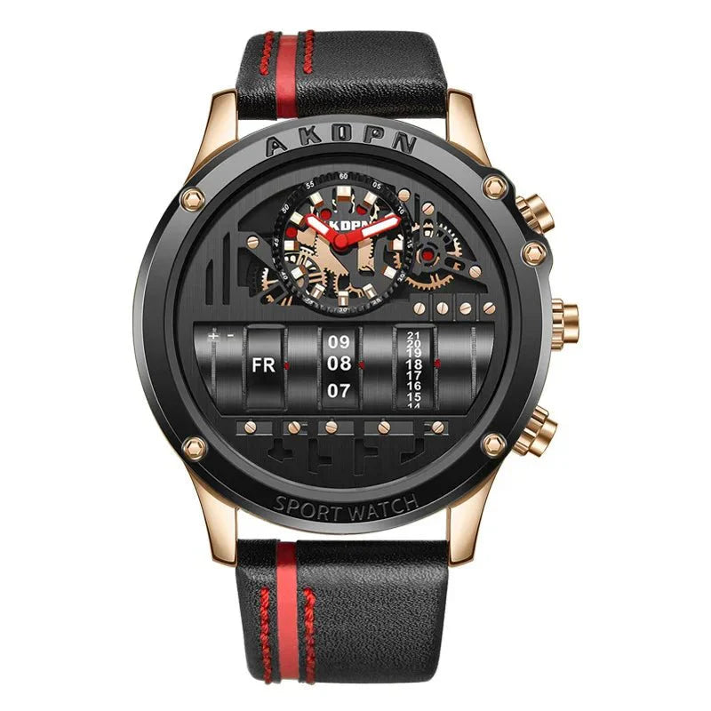 Stylish Quartz Men's Watch with Unique Rotating Date and Leather Strap - Military-Inspired Casual Timepiece