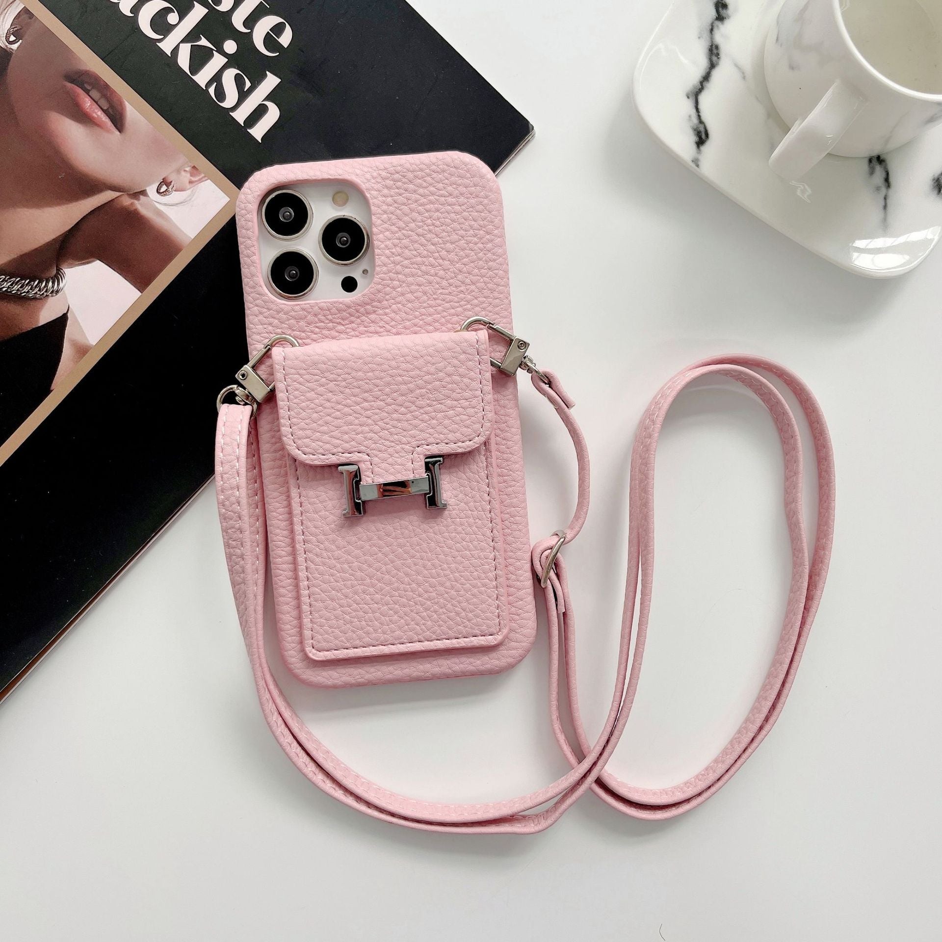 Funda para iPhone con cadena de cuero y tarjetero H