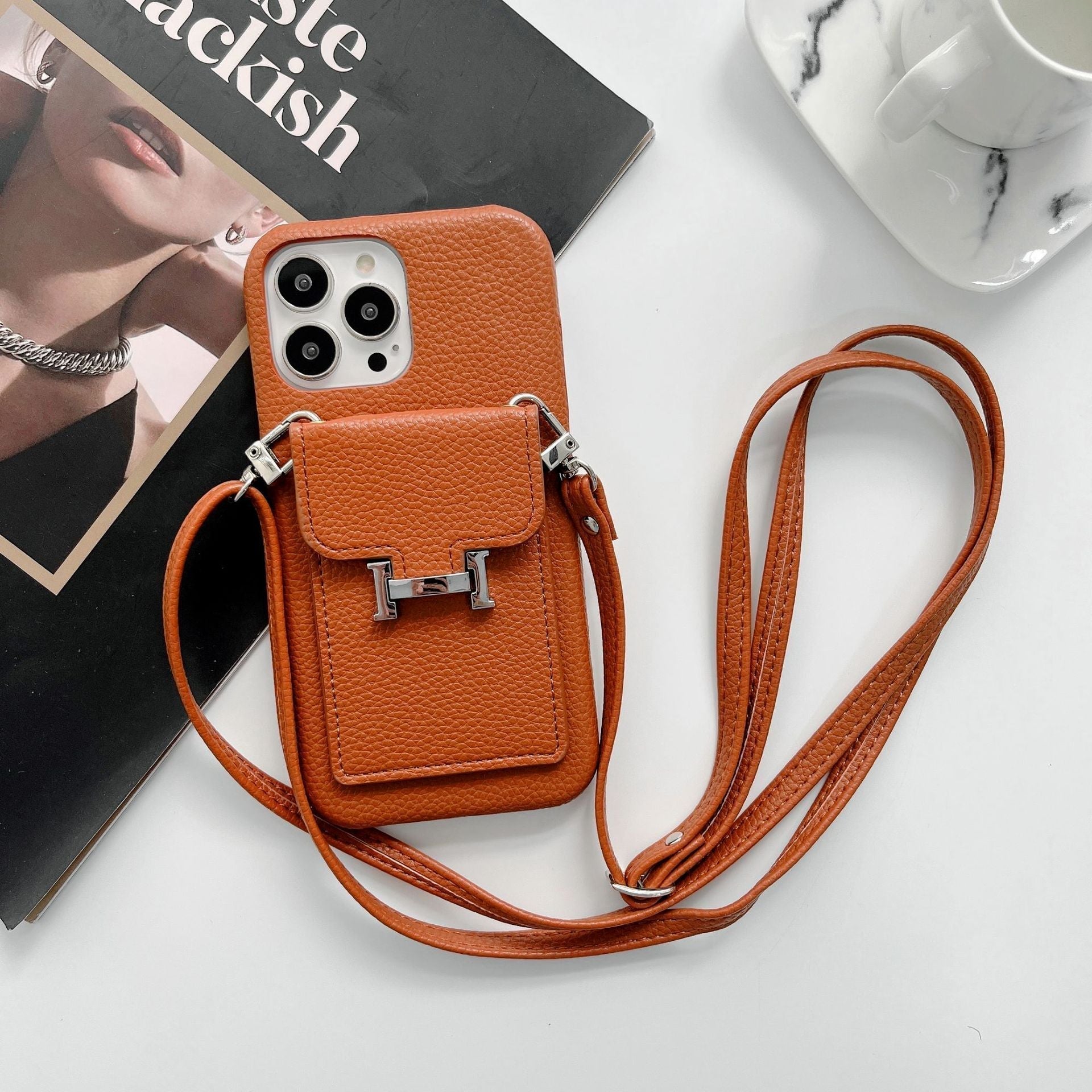Funda para iPhone con cadena de cuero y tarjetero H