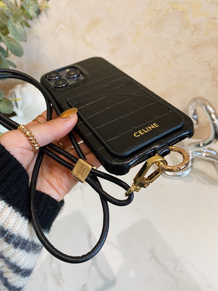 Alligator Print Celine iPhone-fodral med korthållare och rem Blcak -EYP241415