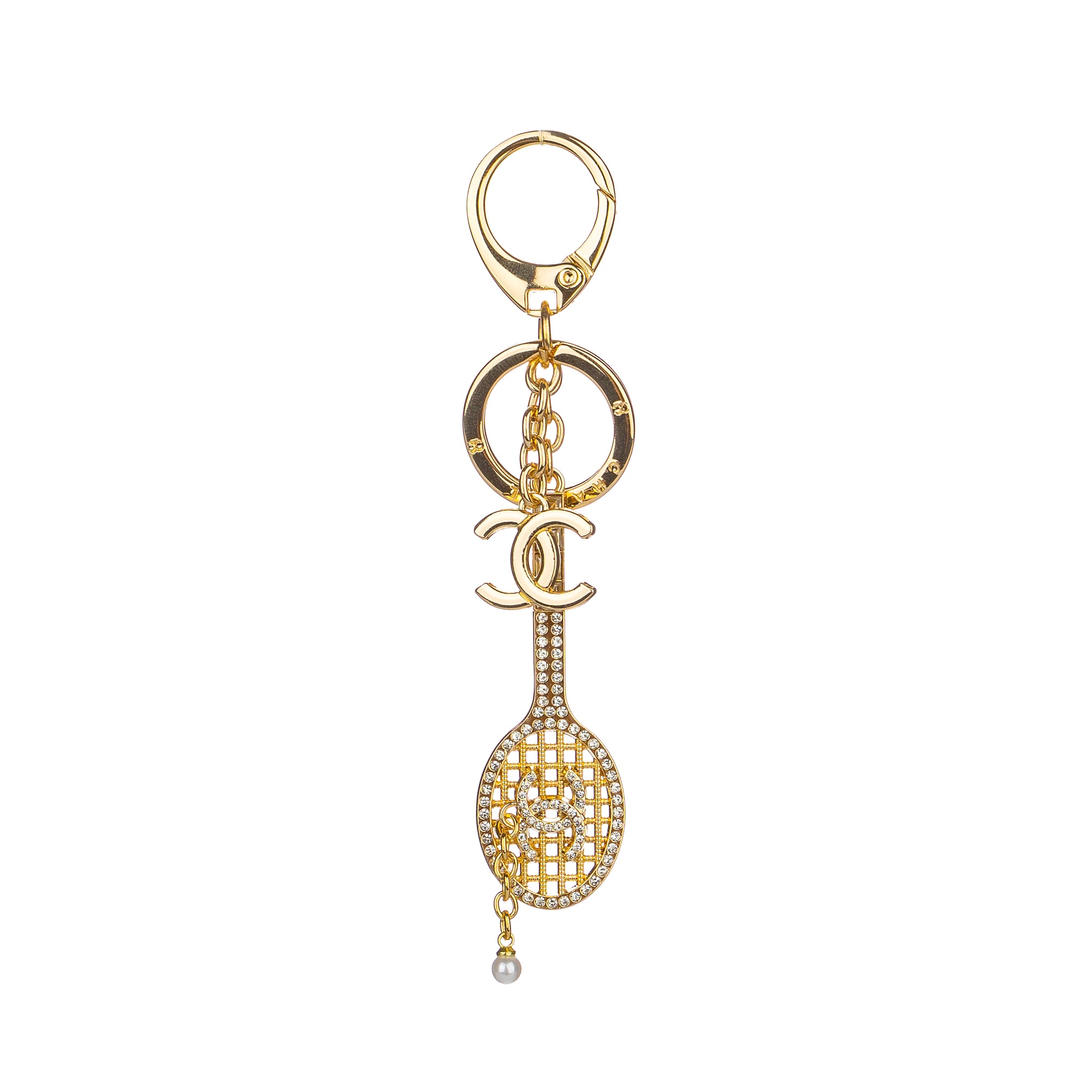 Luxury Crystal Tennis Racket Bag Charm – Elegant Gold Keychain Pendant for Handbags