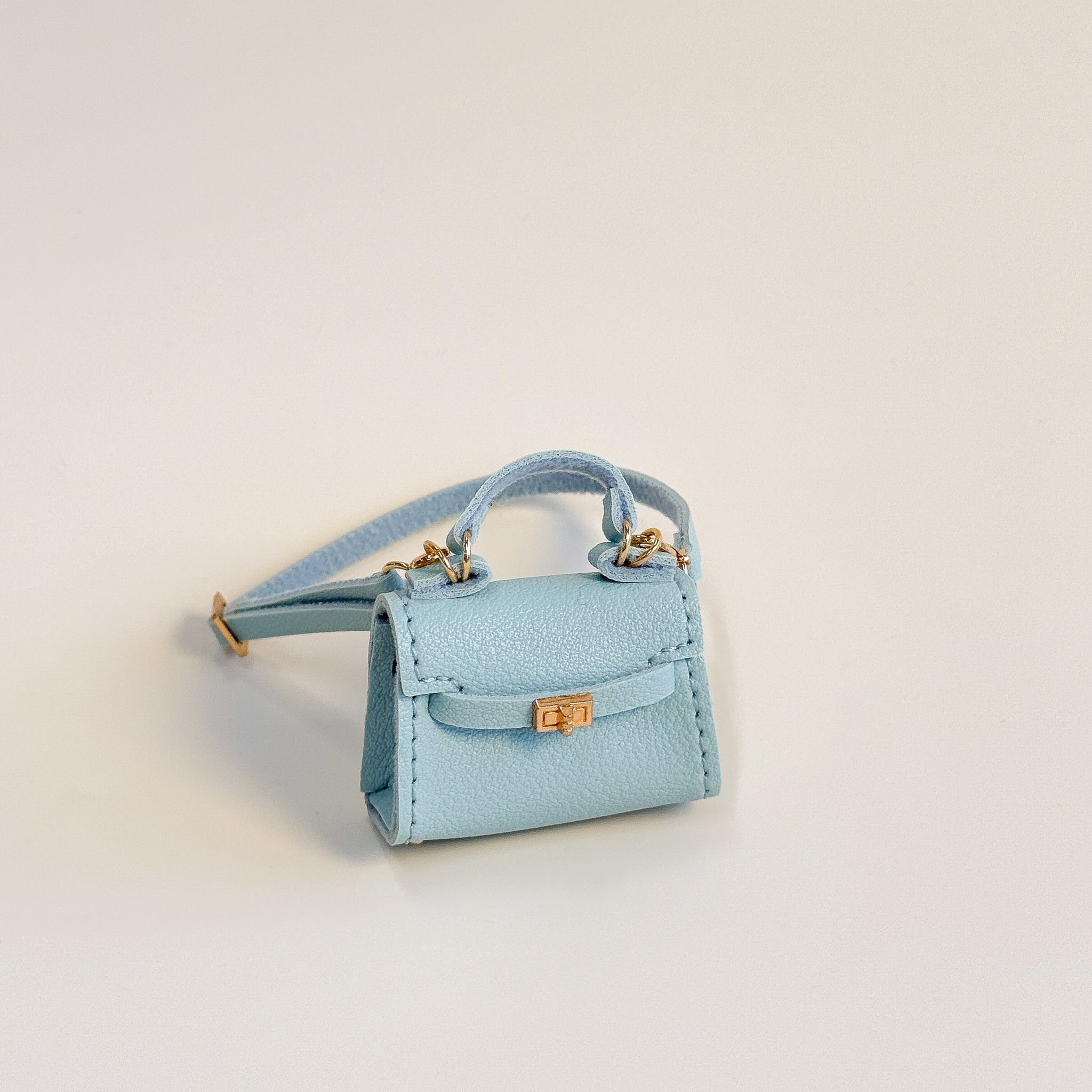 Labubu Miniature Luxury Handbag - Light Blue Leather Tote with Gold Lock