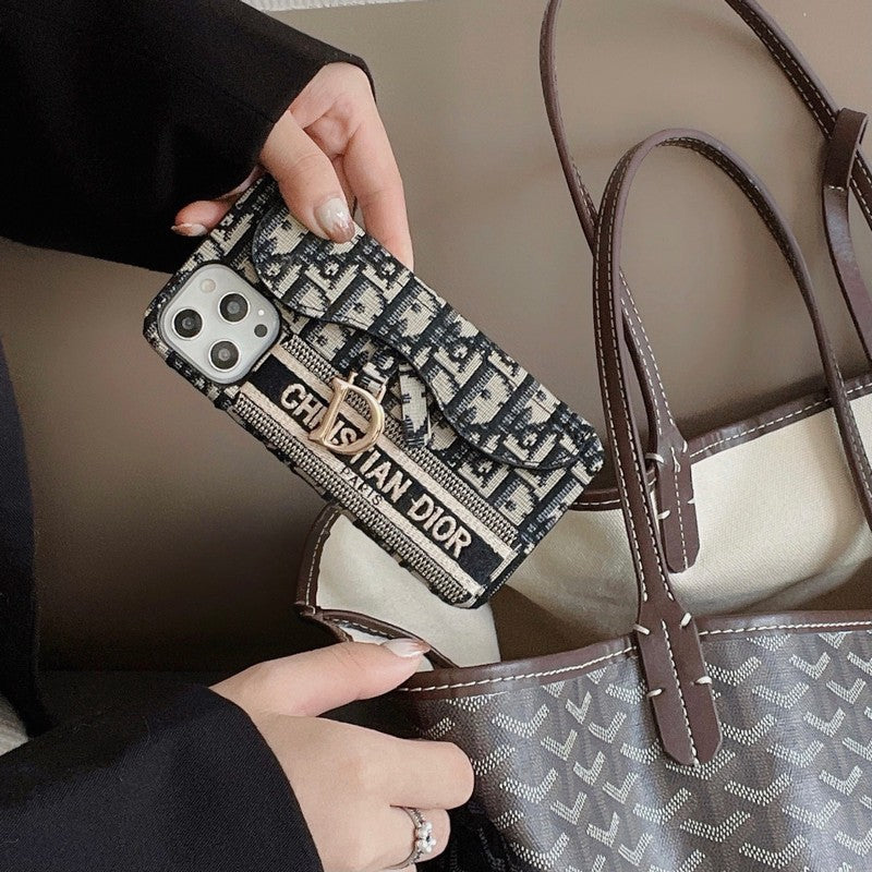 CDブラック & グレーファブリックカードバッグiPhoneケース