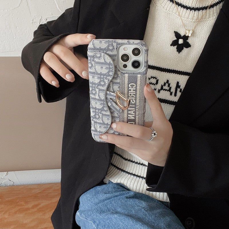 CDブラック & グレーファブリックカードバッグiPhoneケース