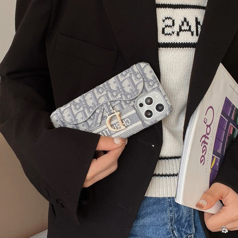 CDブラック & グレーファブリックカードバッグiPhoneケース