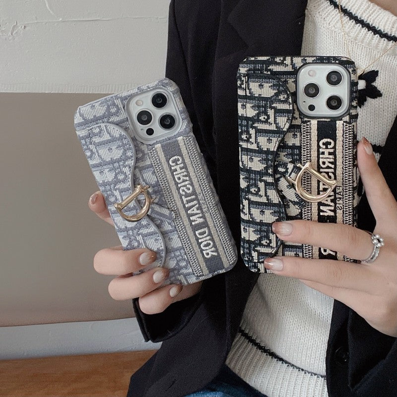 CDブラック & グレーファブリックカードバッグiPhoneケース