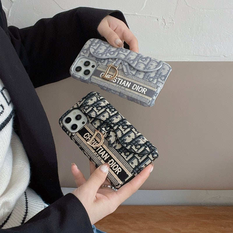 CDブラック & グレーファブリックカードバッグiPhoneケース