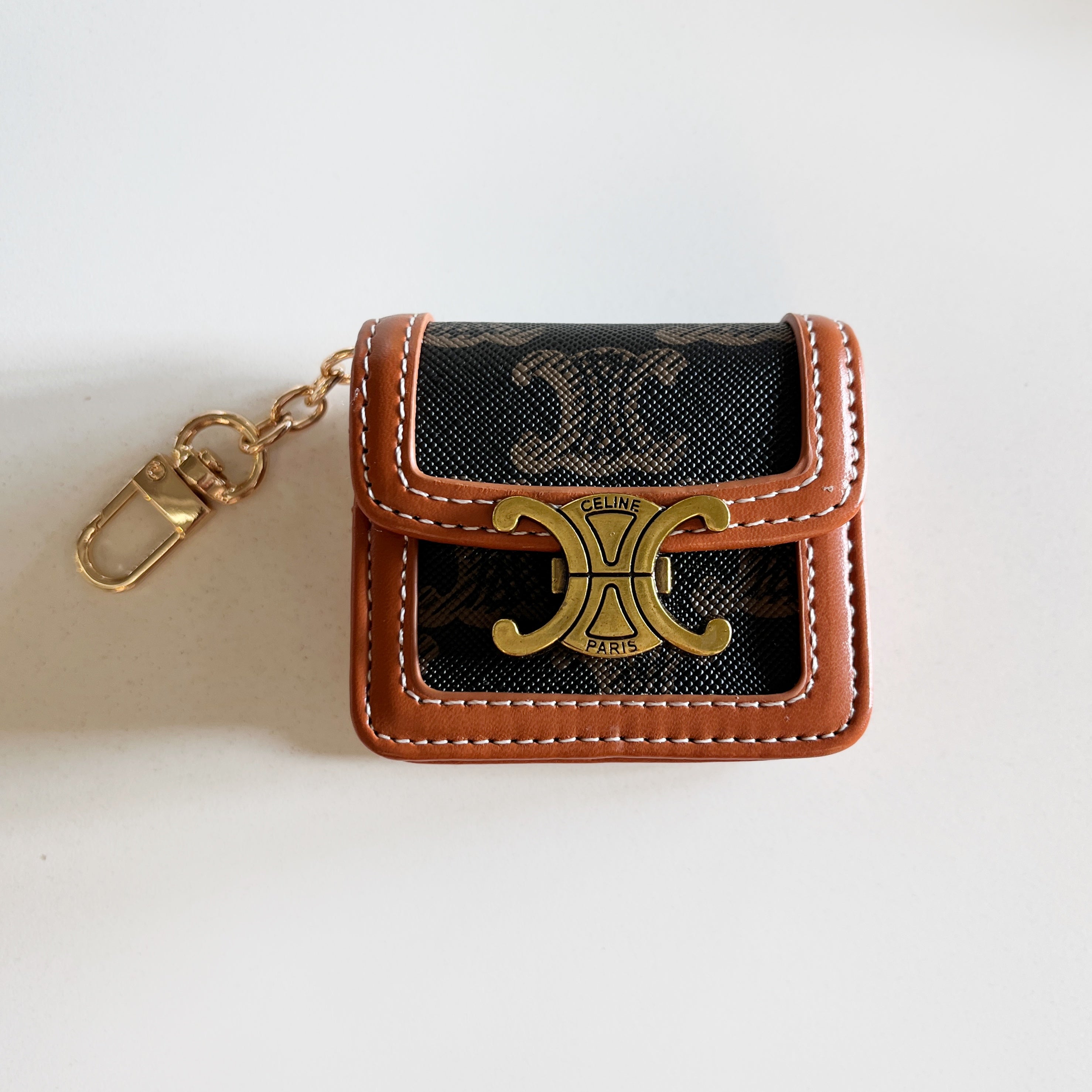 Luxury Leather Keychain AirPods Case with Gold Hardware