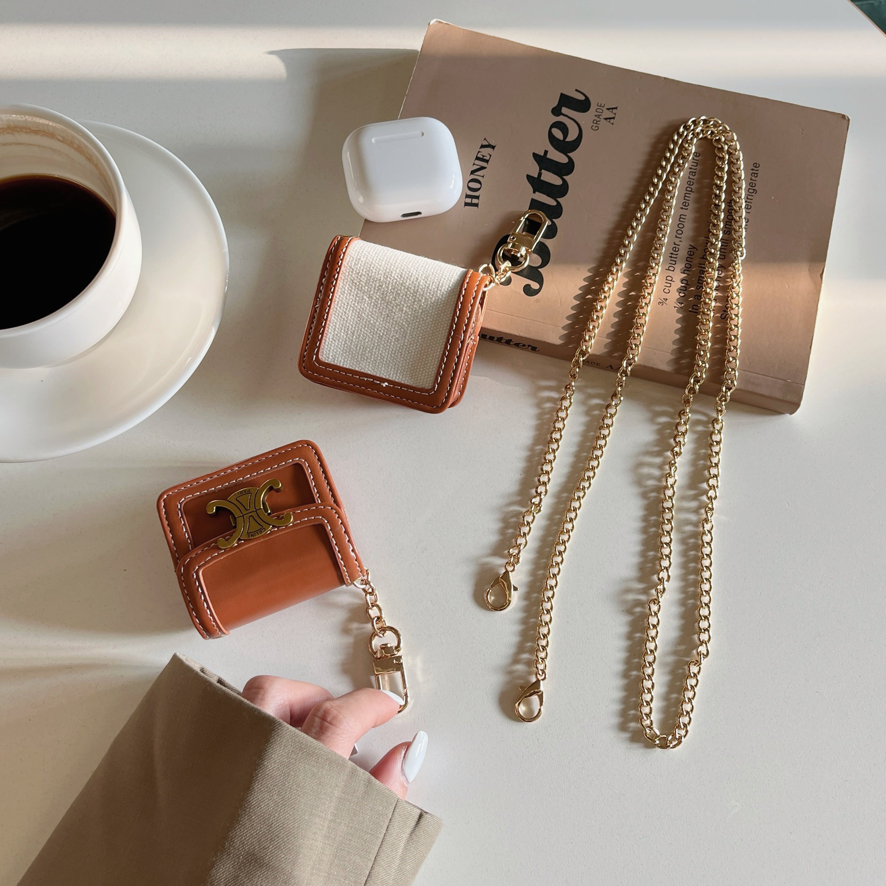 Luxury Leather Keychain AirPods Case with Gold Hardware