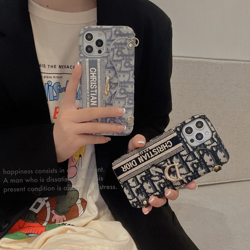 CD 블랙 & 그레이 패브릭 카드백 크로스바디 아이폰 케이스