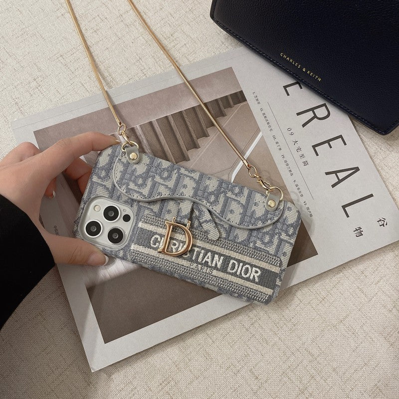 CD 블랙 & 그레이 패브릭 카드백 크로스바디 아이폰 케이스