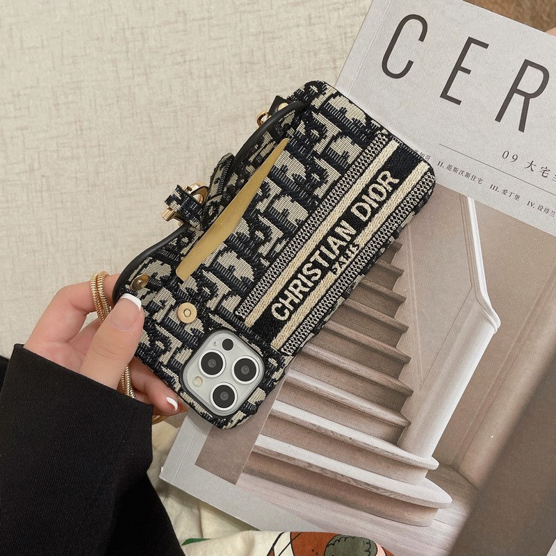 CD 블랙 & 그레이 패브릭 카드백 크로스바디 아이폰 케이스