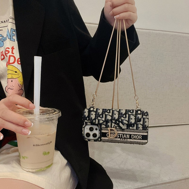 CD 블랙 & 그레이 패브릭 카드백 크로스바디 아이폰 케이스