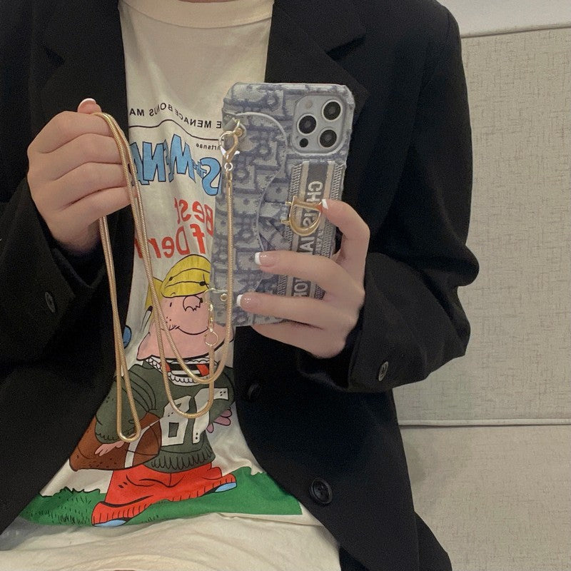 CD 블랙 & 그레이 패브릭 카드백 크로스바디 아이폰 케이스