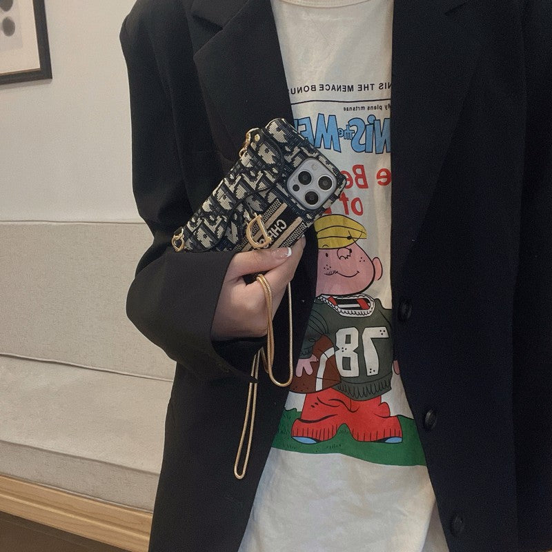 CD 블랙 & 그레이 패브릭 카드백 크로스바디 아이폰 케이스