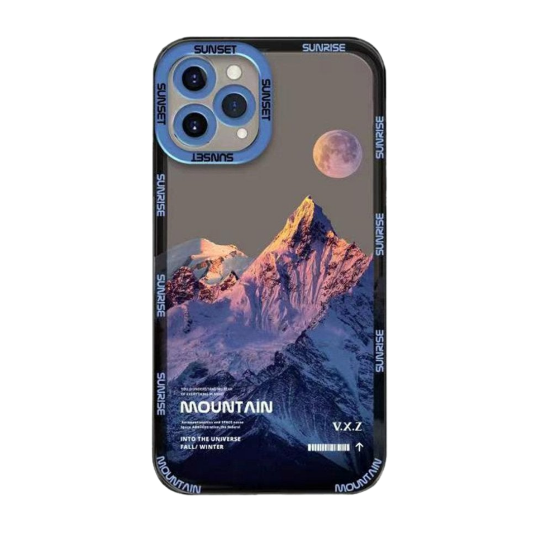 Custodia per iPhone blu con luna e montagna innevata