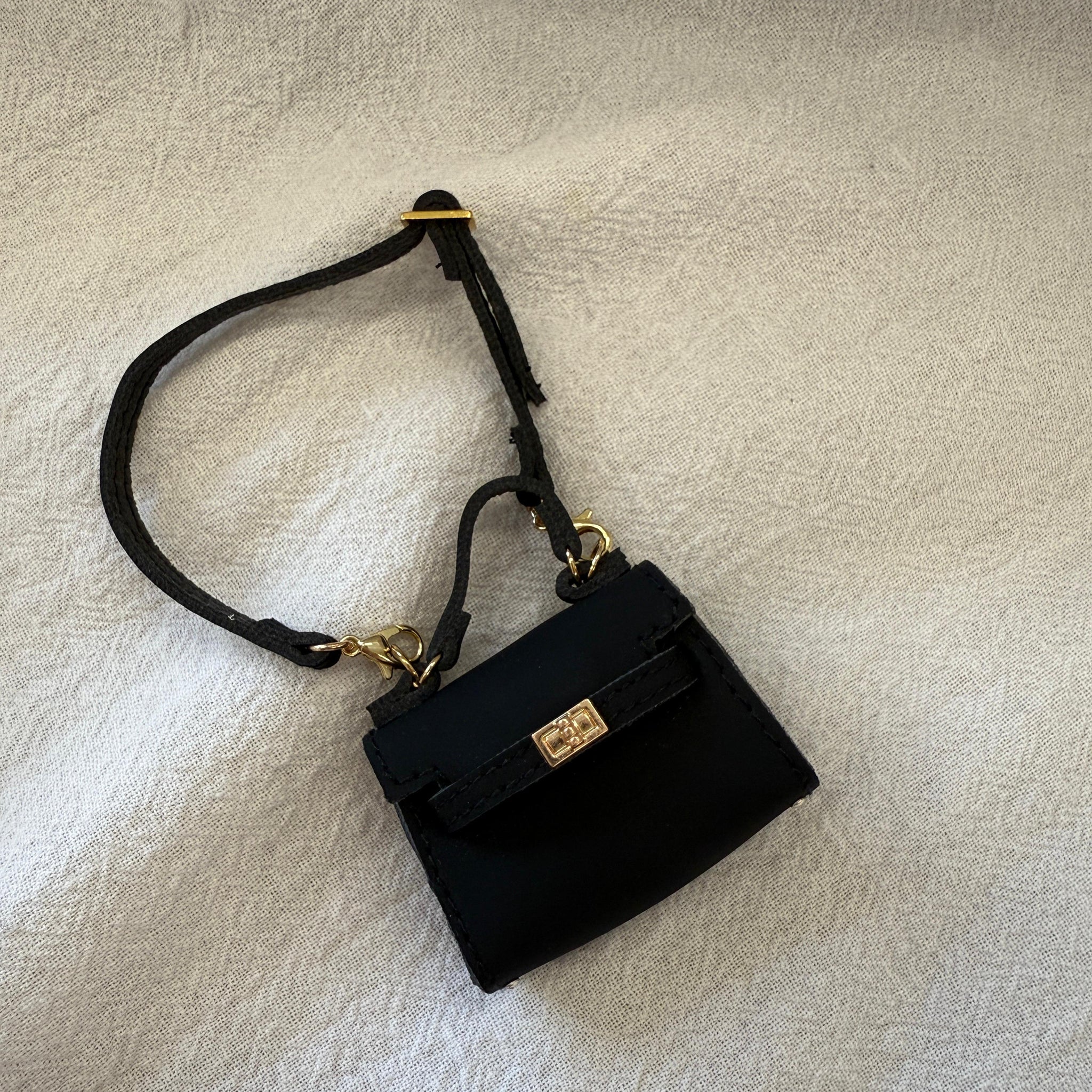 Labubu Miniature Luxury Handbag - Black Leather Tote with Gold Lock