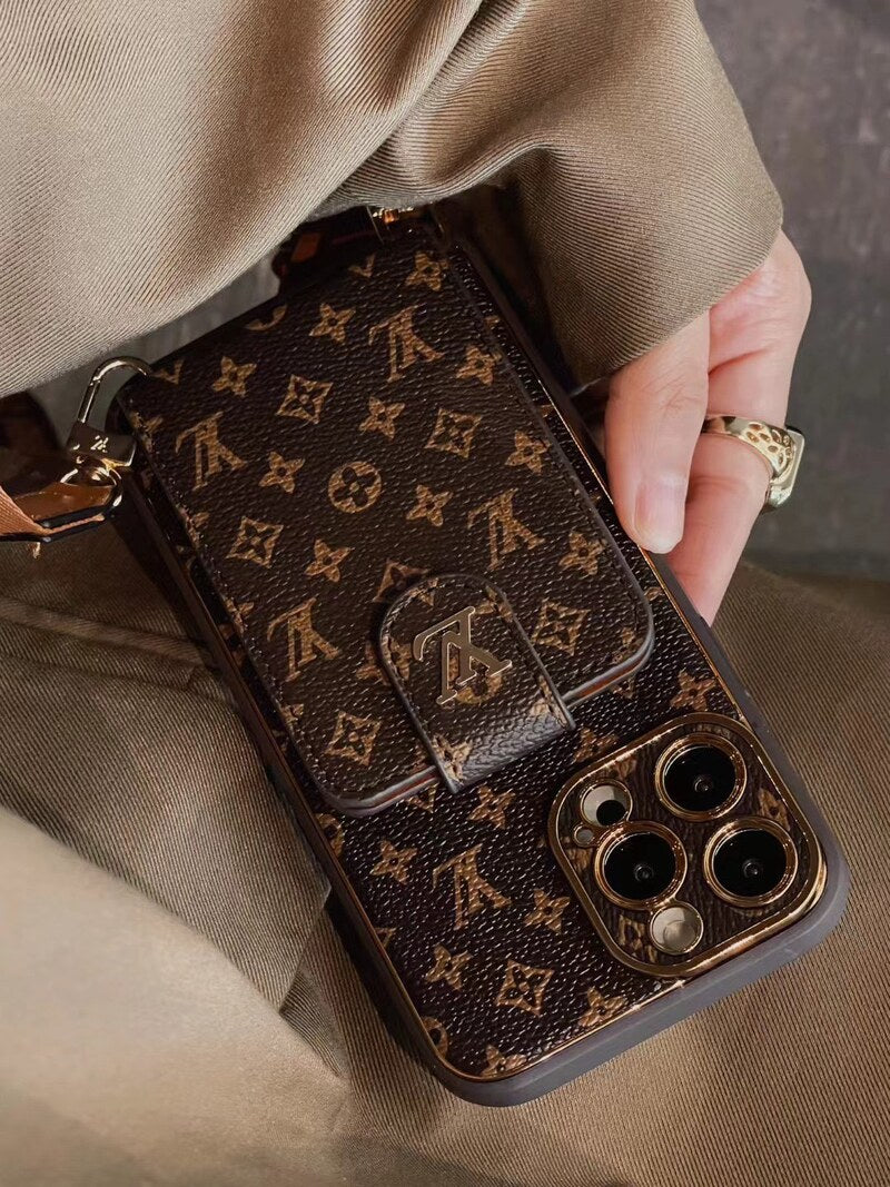 カードウォレットとストラップ付きの高度なレザーiPhoneケース