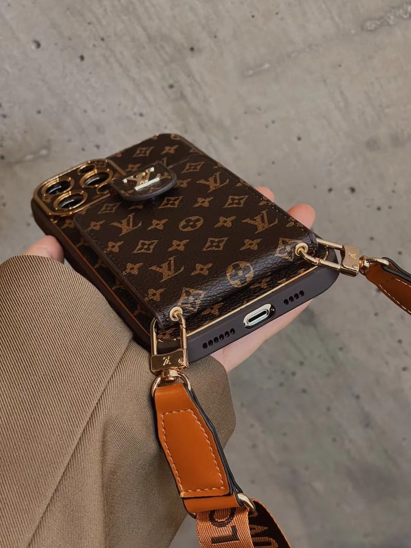 カードウォレットとストラップ付きの高度なレザーiPhoneケース