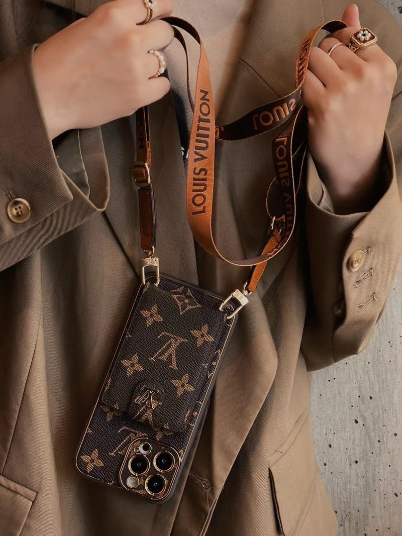 カードウォレットとストラップ付きの高度なレザーiPhoneケース